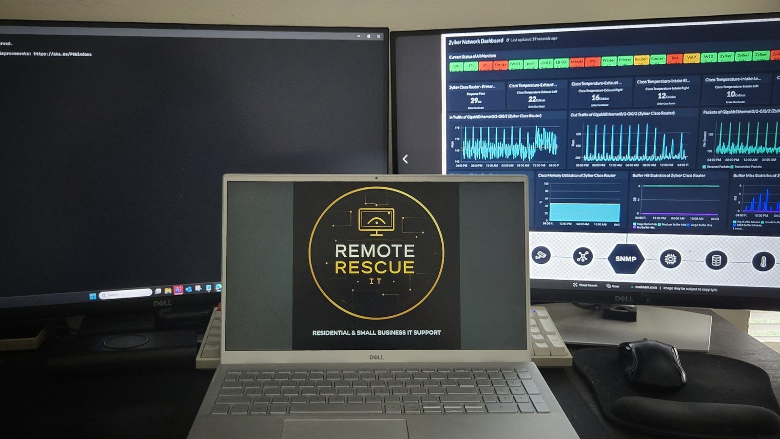Remote Rescue IT workstation with monitoring dashboards and branded laptop